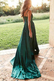 A Line Emerald Green Satin Long Prom Dress With High Slit,WP041