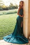 A Line Emerald Green Satin Long Prom Dress With High Slit,WP041