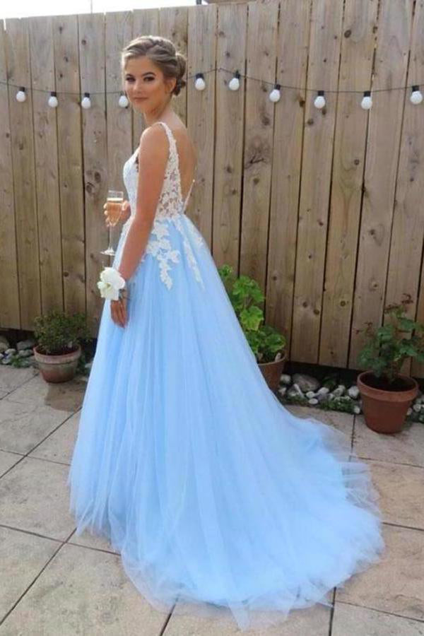 Blue Tulle Lace Appliqued Long Prom Dress Long Evening Dress,WP121
