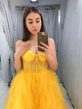 A Line Spaghetti Straps Yellow Tulle Prom Dress Long Formal Dress,WP138