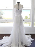 A Line White Chiffon Beach Wedding Dress Lace Appliques Bridal Gown ,WW139