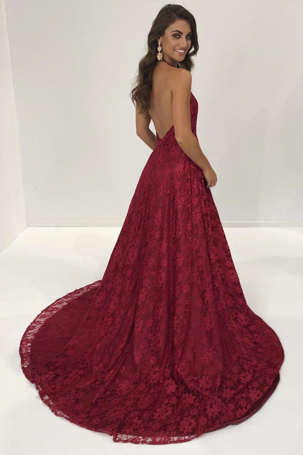 Burgundy Lace Backless Prom Dress Side Slit Evening Dress,WP157