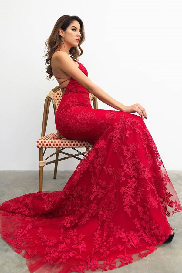 Mermaid Red Lace Prom Dress Backless Evening Dress,WP168