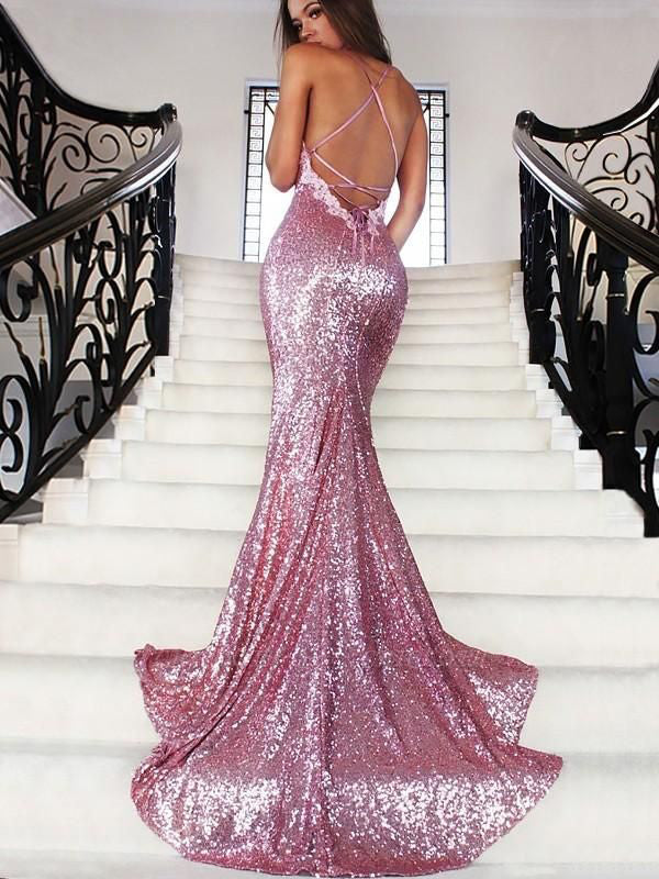 Mermaid Rose Pink Sequins Long Prom Dress Straps Evening Dress,WP189