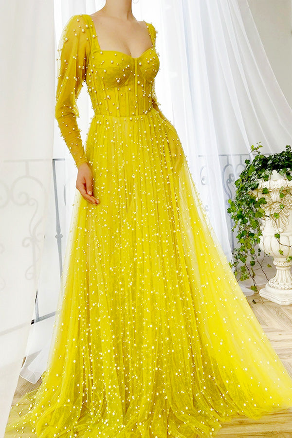 Long Sleeve Daffodil Tulle Prom Dress Shiny Formal Dress,WP198