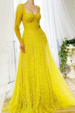 Long Sleeve Daffodil Tulle Prom Dress Shiny Formal Dress,WP198