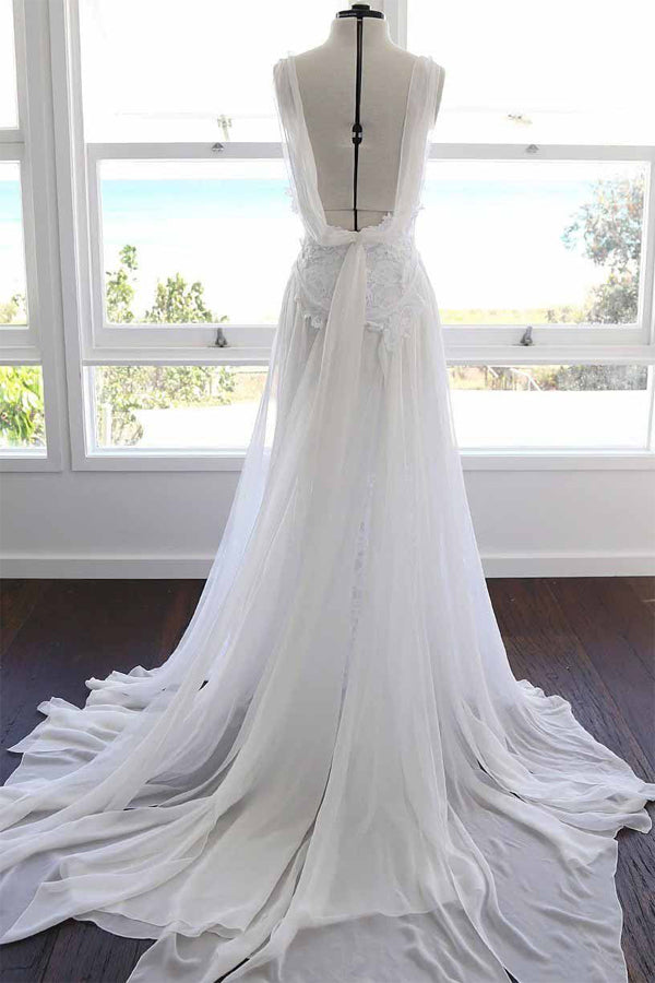 A Line White Chiffon Beach Wedding Dress Lace Appliques Bridal Gown ,WW139
