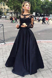 Long Sleeve Two Piece Prom Dress Black Satin Evening Dress,WP209