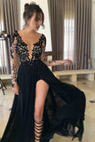 Chic Long Sleeve Chiffon Lace Long Prom Dress With Slit,WP212