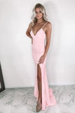 Mermaid V Neck Pink Chiffon Prom Dress With Slit,WP215