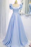 A Line Blue Satin Long Prom Dress Beaded Evening Dress,WP228