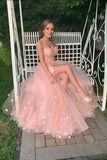 A Line Sweetheart Pink Tulle Prom Dress Floral Evening Dress,WP248