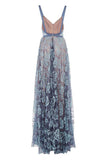 A Line V Neck Blue Lace Long Prom Dress Elegant Graduation Dress,WP254