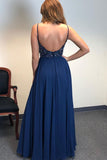 A Line V Neck Navy Blue Chiffon Long Prom Dress Backless Party Dress,WP259
