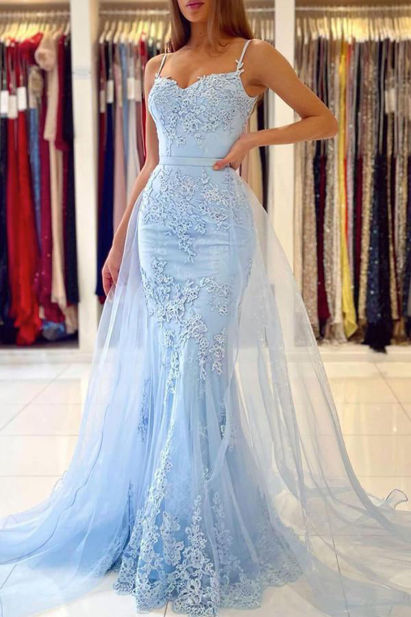 Mermaid Spaghetti Straps Tulle Prom Dress With Lace Applliques,WP282