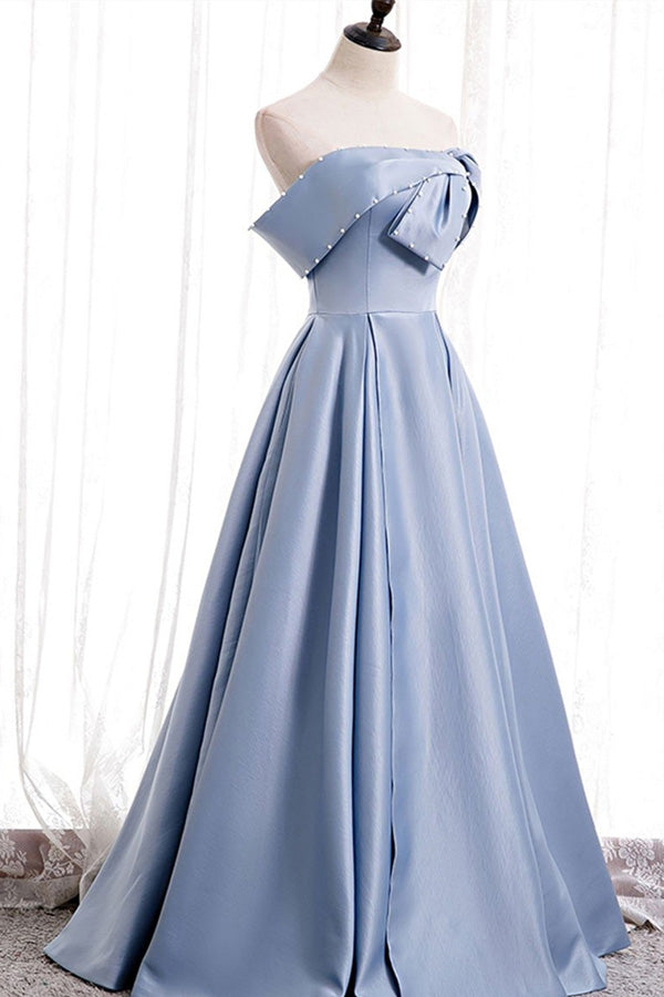 Blue Off The Shoulder Long Prom Dress With Beading,WP190