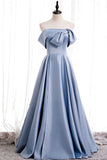 Blue Off The Shoulder Long Prom Dress With Beading,WP190