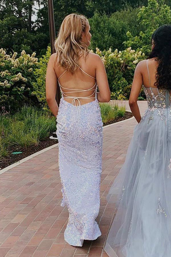 Glittering Spaghetti Straps Mermaid  Sequins Long Prom Dress,WP293