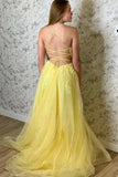 A-Line Yellow Tulle Lace Long Prom Dress With Appliques,WP318