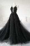 Chic Black Tulle A-line Long Prom Dress With Appliques,WP329