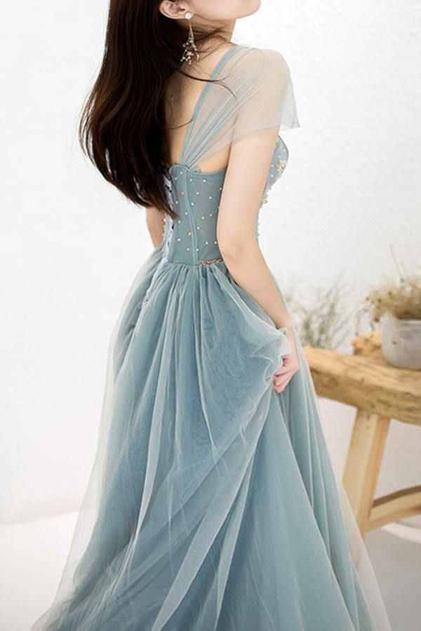Beaded Off The Shoulder Dusty Blue Tulle Prom Dress,WP322