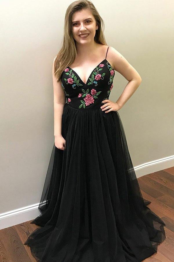 Black Spaghetti Straps Tulle Prom Dress With Appliques,WP330