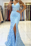 Mermaid V-neck Pearl Straps Lace Prom Dresses Slit Evening Dresses,WP356