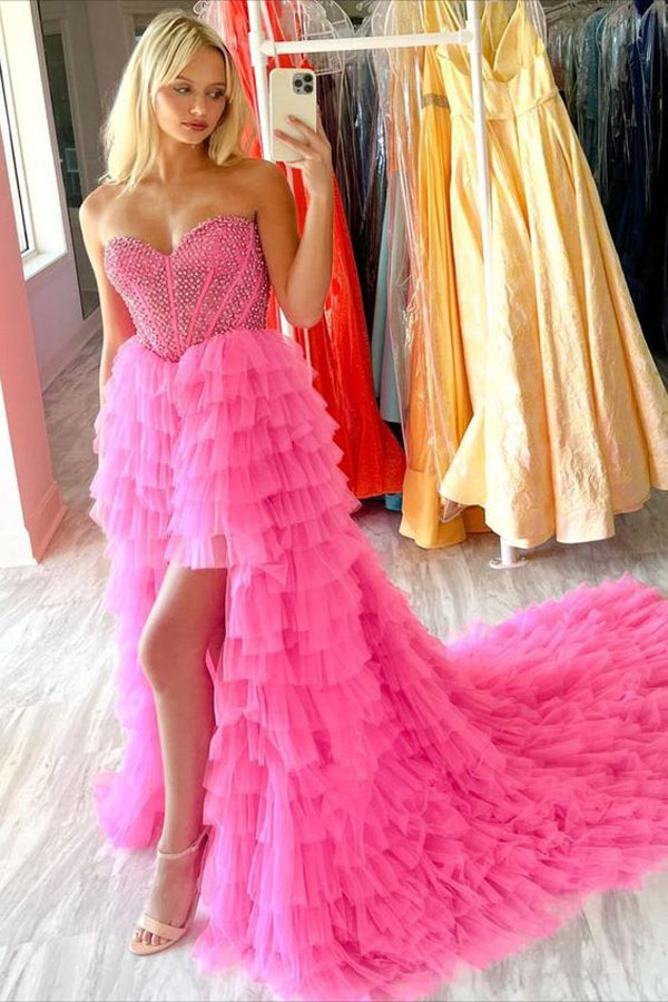 Hot Pink Beaded High Low Sweetheart Prom Dress Party Dress,WP358