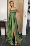 Green Satin Backless Straps Long Prom Dresses With Slit,WP359