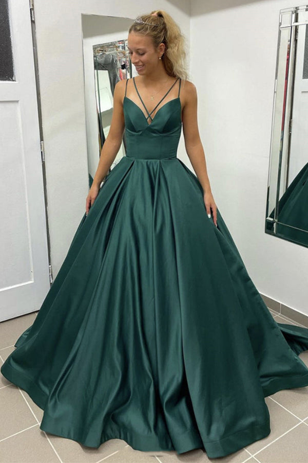 A Line Spaghetti Straps Dark Green Satin Prom Dress,Long Formal Dress,WP366
