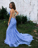 Mermaid Tulle Straps Lace Up Prom Dresses With Appliques,WP379