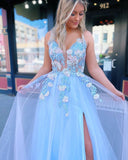 Blue Tulle Long Prom Dress With Colorful Lace,WP383