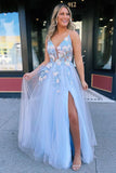 Blue Tulle Long Prom Dress With Colorful Lace,WP383