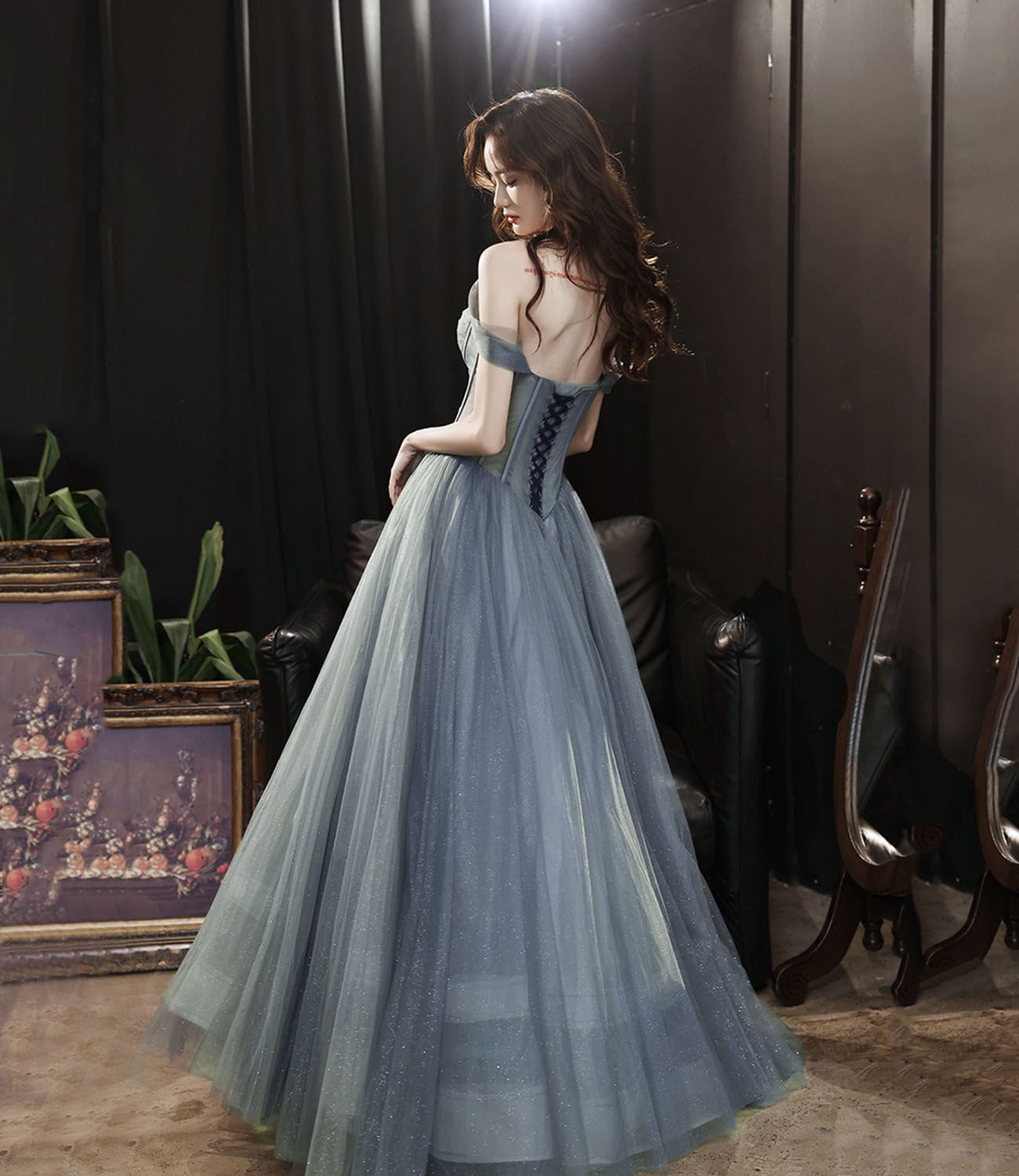 Gray Tulle Off The Shoulder Lace Up Long Prom Dress Long Evening Dress,WP390