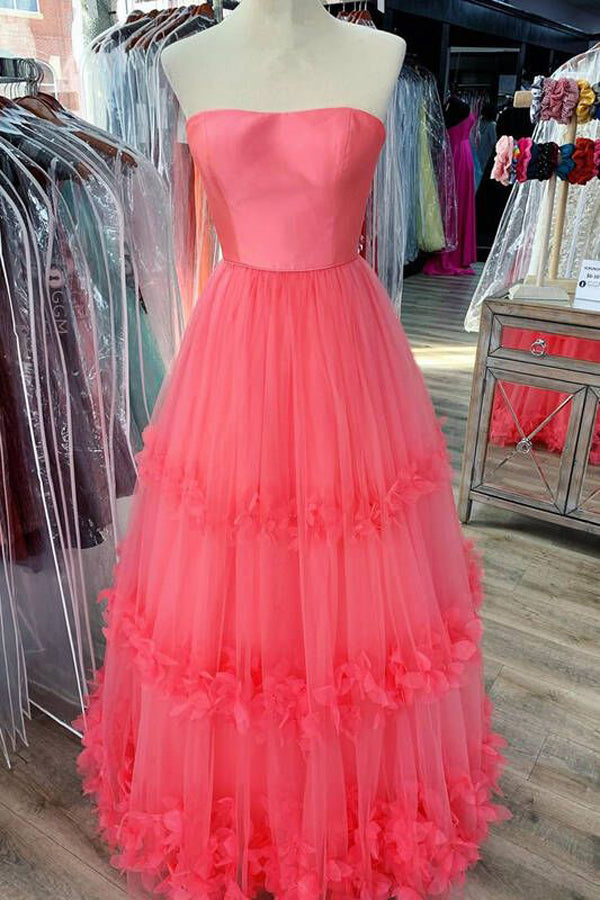 A Line Tulle Prom Dress Strapless Evening Dress,WP153