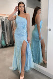 Mermaid One Shoulder Blue Tulle Lace Long Prom Dresses With Slit,WP403