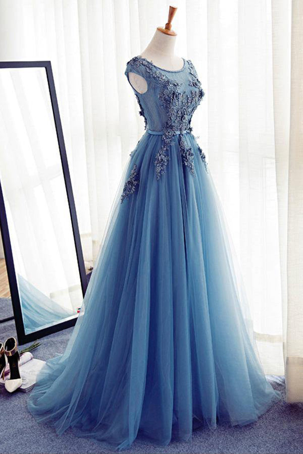 Blue Tulle Cap Sleeve Prom Dress Lace Appliques Evening Dress,Wp449