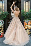 A Line Lace Appliqued Tulle Prom Dress With Beading Belt,WP068