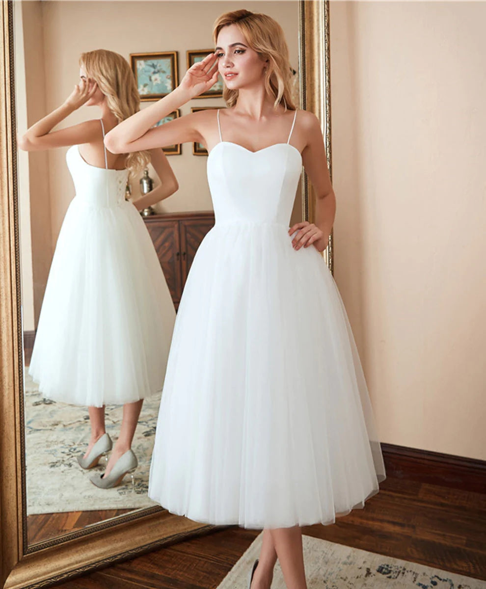 Sweetheart Ivory Tulle Prom Dress Tea Length Graduation Dress,WP385