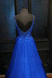 A Line Spaghetti Straps Blue Tulle Prom Dress With Appliques,WP324