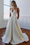 A-Line V Neck Ivory Satin Wedding Dress ,WW001