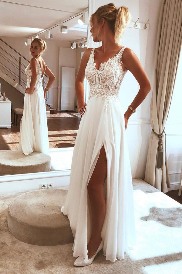 Ivory Chiffon Lace Beach Wedding Dress With Split,WW003