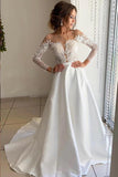 A Line Long Sleeve Ivory Satin Lace Wedding Dress,WW023
