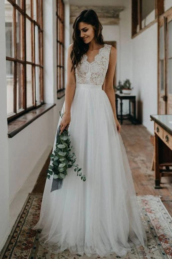 White Tulle Beach Wedding Dress,Lace Bridal Gown,WW024