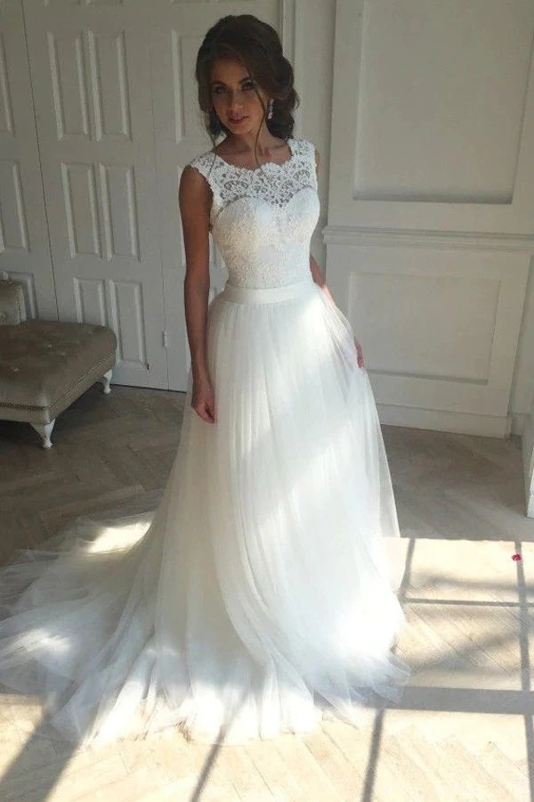 A Line Sweetheart Bridal Gown, White Tulle Wedding Dress,WW026