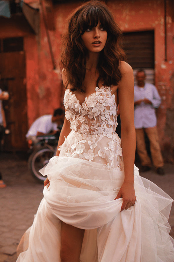 A Line Sweetheart Tulle Wedding Dress With Hand-made Flowers,WW032