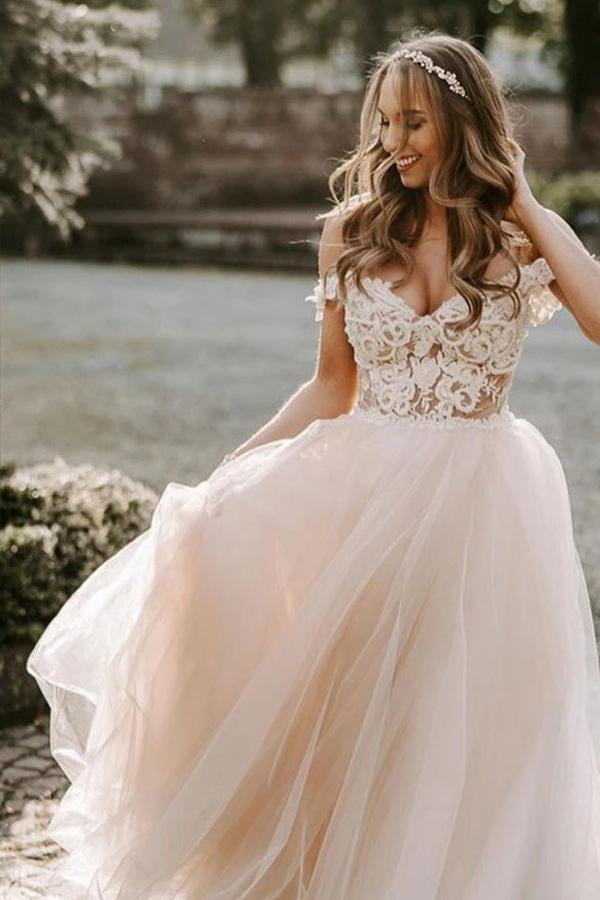 A Line Tulle Wedding Dress With Lace Top,WW033