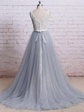 A-line Gray Tulle Lace Wedding Dress Long Formal Dress,WW057