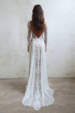 Bohemian Long Sleeve Lace Wedding Dress Beach Bridal Gown,WW152
