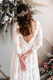 A Line Long Sleeve Wedding Dress V Back Rustic Bridal Gown, WW181